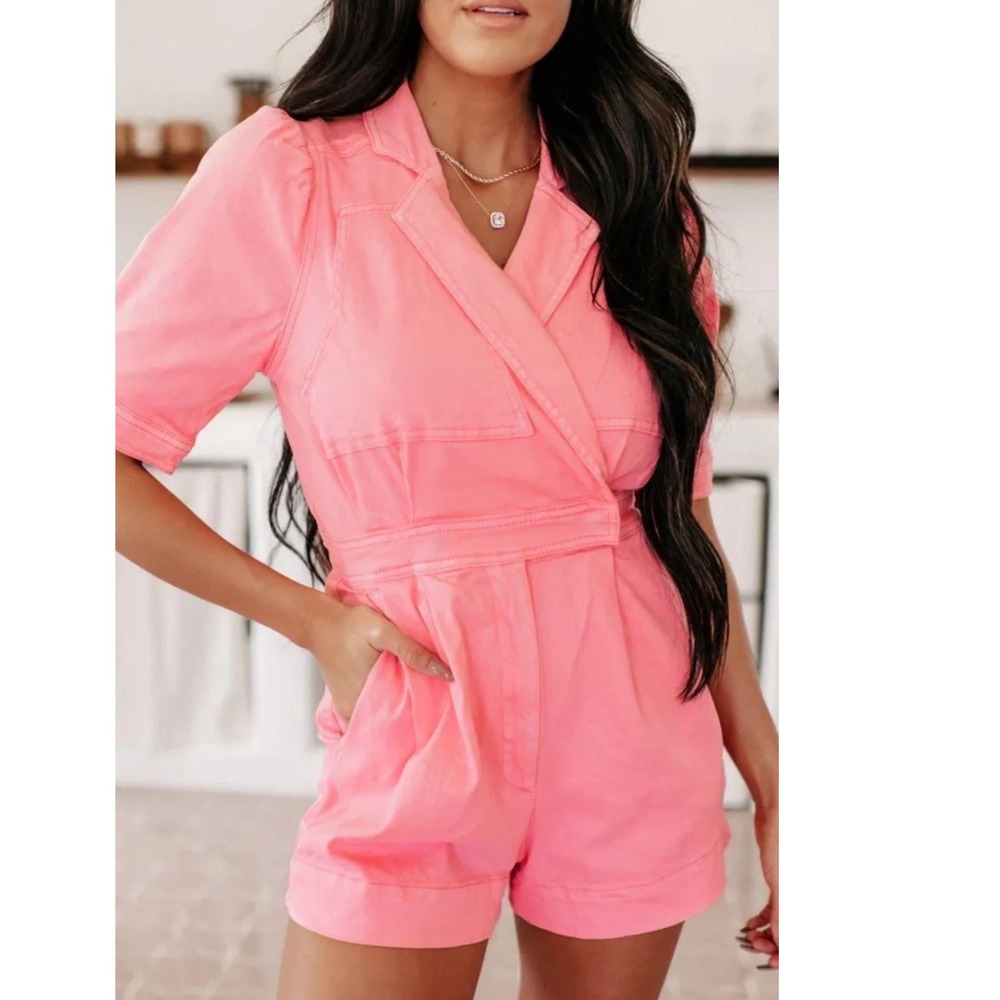 Day + Moon Pink Denim Wrap Front Puff Sleeve Romper DM1005 Womens Large NEW
